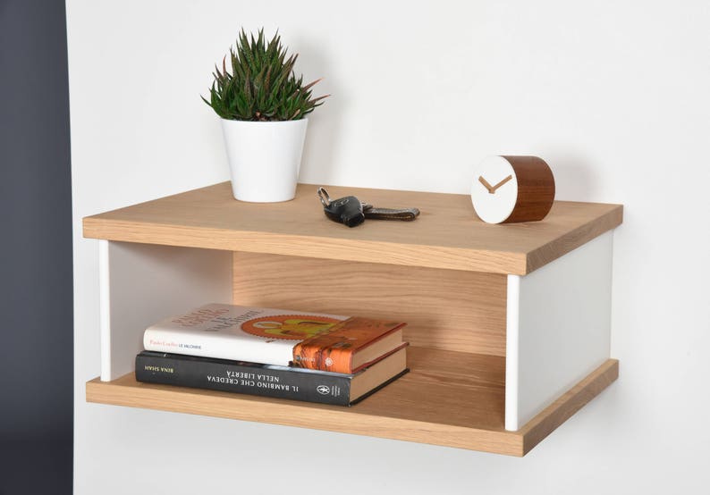 Floating bedside tables in oak and Corian / Bedside suspended in Mid-Century / Modern floating nightstand in solid wood handmade / Furniture image 2