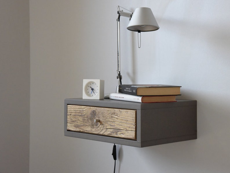 Concrete gray floating bedside table with antique wooden Etsy