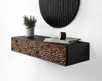 floating hall console with 1 black and walnut drawer with modern black wall decoration / TV stand cabinet/ TV stand cabinet