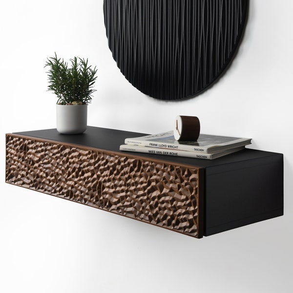 floating hall console with 1 black and walnut drawer with modern black wall decoration / TV stand cabinet/ TV stand cabinet