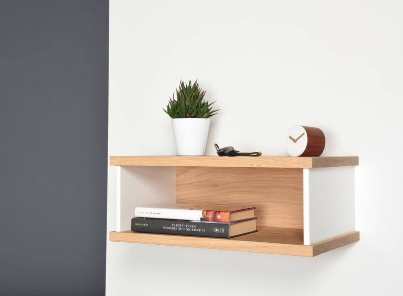 Floating bedside tables in oak and Corian / Bedside suspended in Mid-Century / Modern floating nightstand in solid wood handmade / Furniture image 1