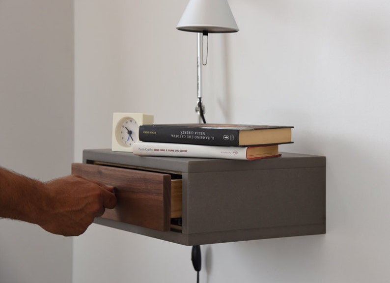 Concrete Gray Floating Nightstand With Drawer in Walnut Etsy