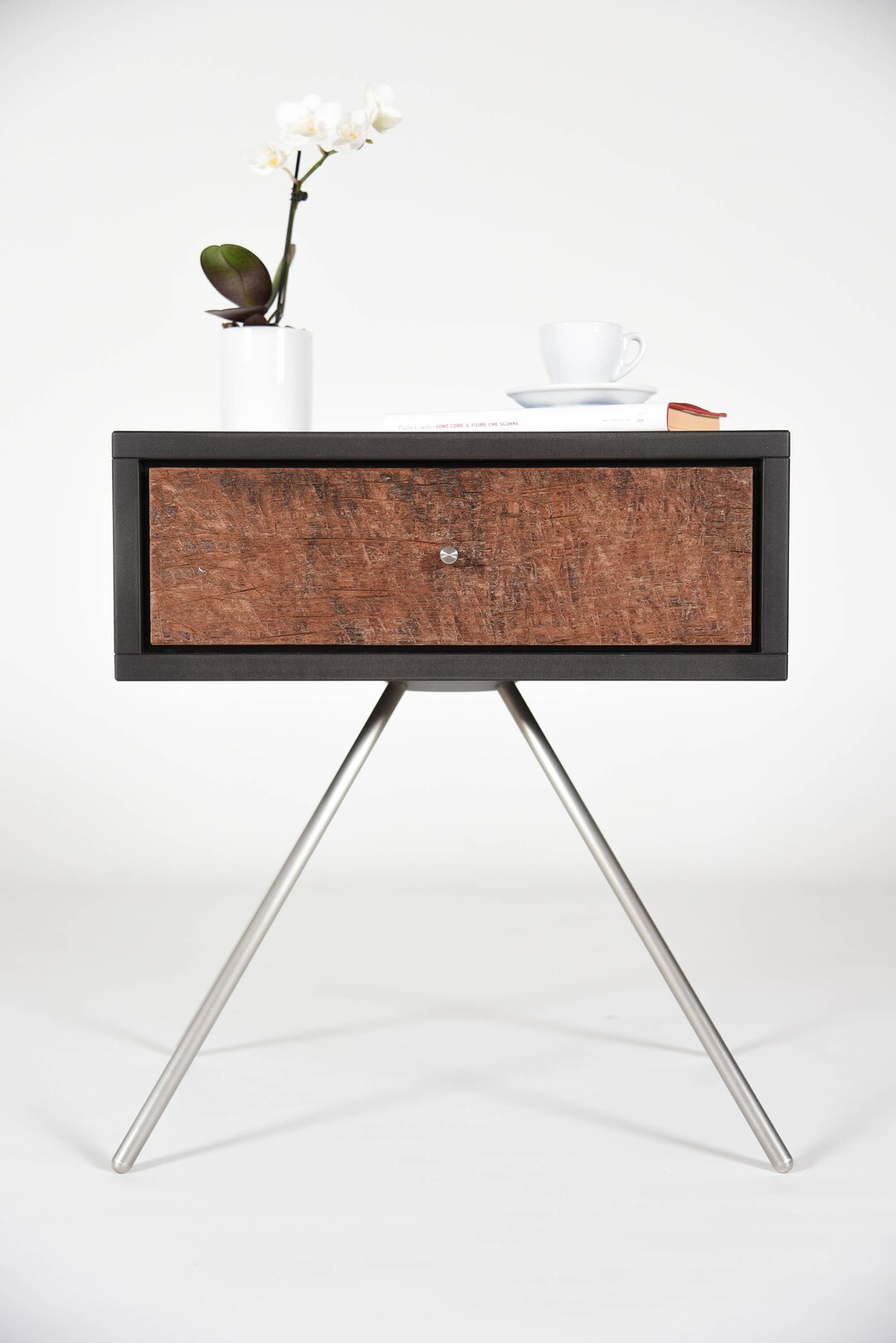 Stone Gray Bedside Table With 1 Drawer in Antique Barrel Wood Etsy