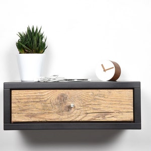 Floating nightstand gray stone with drawer in old wood scandinavian design