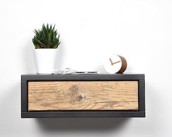 Floating nightstand gray stone with drawer in old wood scandinavian design