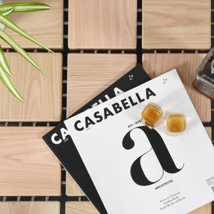 May include: A still-life composition featuring a magazine titled "CASABELLA" with a large "A" on the cover, two small square glass containers, and a glass bottle with a black cap. The items are arranged on a light wood surface with a plant.