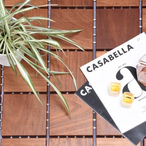 May include: A wooden tile floor with a potted plant, a magazine titled "Casabella", two shot glasses, and a bottle of liquor.
