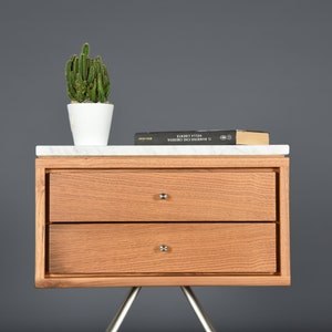 Mid Century Nightstand with two Drawer in old wood and Carrara marble top / Handmade bedroom furniture image 6