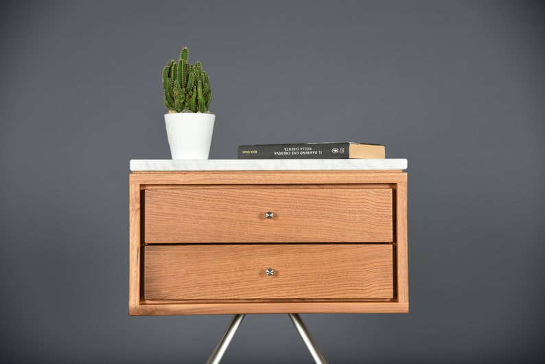 Mid Century Nightstand with two Drawer in old wood and Carrara marble top / Handmade bedroom furniture image 6