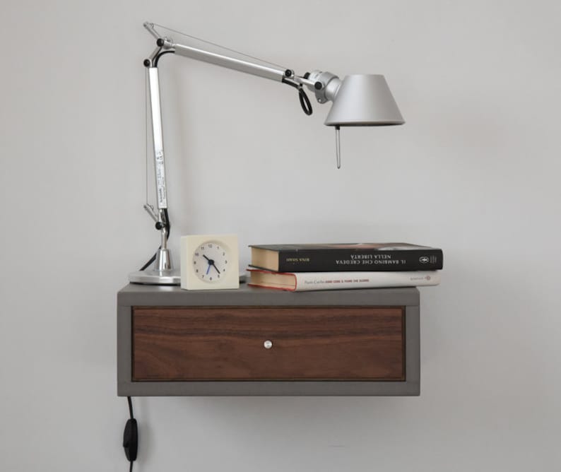Concrete Gray Floating Nightstand With Drawer in Walnut Etsy