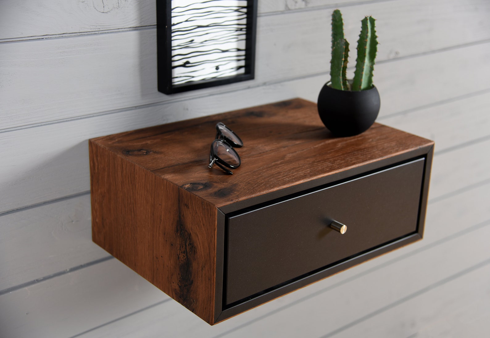 Black Floating Bedside Table With 1 Old Wooden Box Etsy