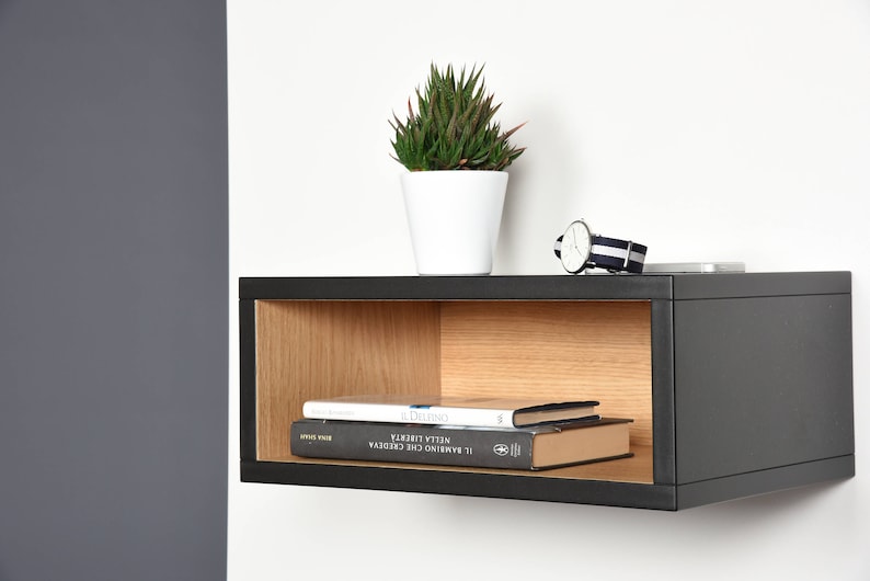 Open floating bedside table in black and oak image 2