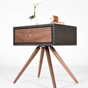 Modern Nightstand with one Drawer in solid Walnut and gray stone Valcromat image 5