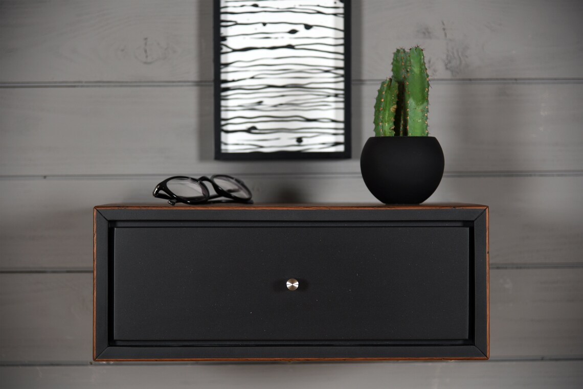 Black Floating Bedside Table With 1 Old Wooden Box Etsy