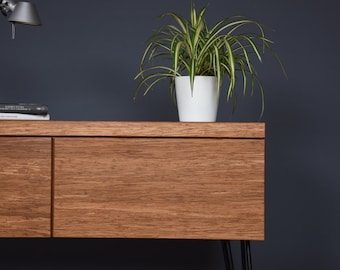 industrial chest of drawers with large bamboo drawers and iron legs
