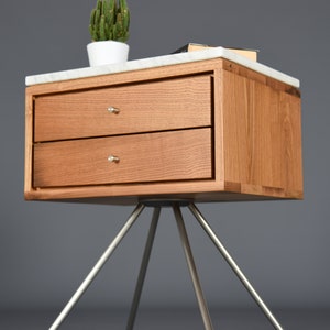 Mid Century Nightstand with two Drawer in old wood and Carrara marble top / Handmade bedroom furniture image 5