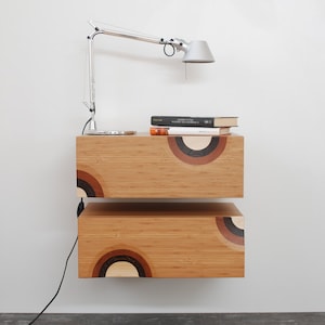 Mid-Century modern floating bedside tables with inlaid drawers / Scandinavian style wall consoles