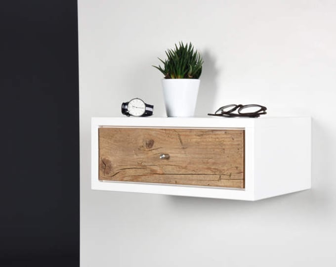 White Floating nightstand bedside table drawer in solid old wood mid century modern / Floating small white side table with drawer