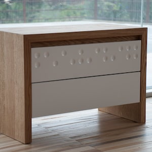 Mid century bedside table in solid oak and white with two decorated drawers