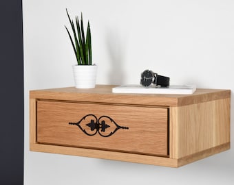 floating bedside table in solid oak with handmade inlay