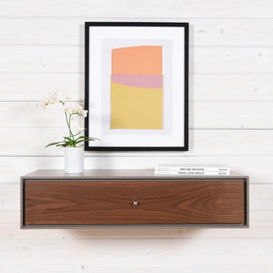 floating console in concrete gray with 1 drawer in walnut wood