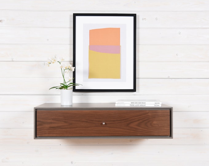 floating console in concrete gray with 1 drawer in walnut wood
