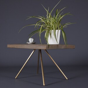 May include: A wooden coffee table with a gold metal tripod base. A white ceramic cup and saucer and a potted plant are on the table.
