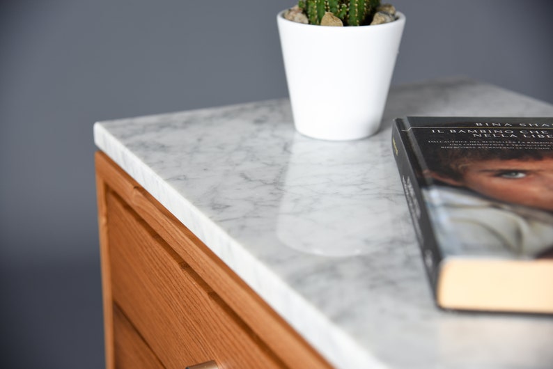 Mid Century Nightstand with two Drawer in old wood and Carrara marble top / Handmade bedroom furniture image 4