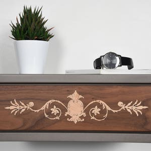 Floating bedside table drawer in solid Walnut and gray stone Valcromat mid century modern / Floating console