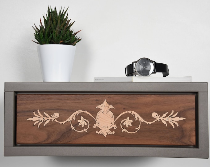 Floating bedside table drawer in solid Walnut and gray stone Valcromat mid century modern / Floating console