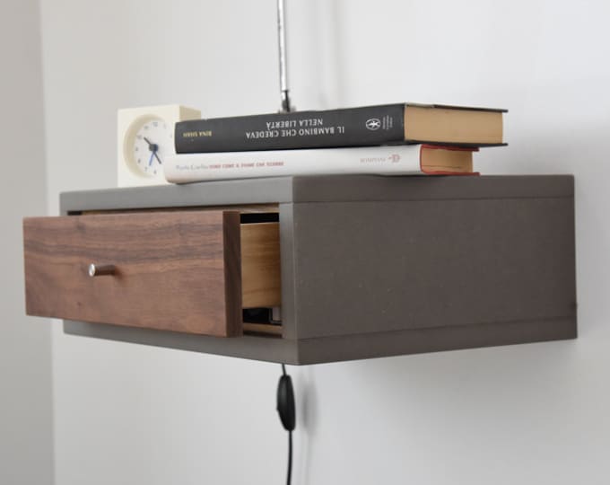 concrete gray Floating Nightstand with Drawer in Walnut scandinavian design