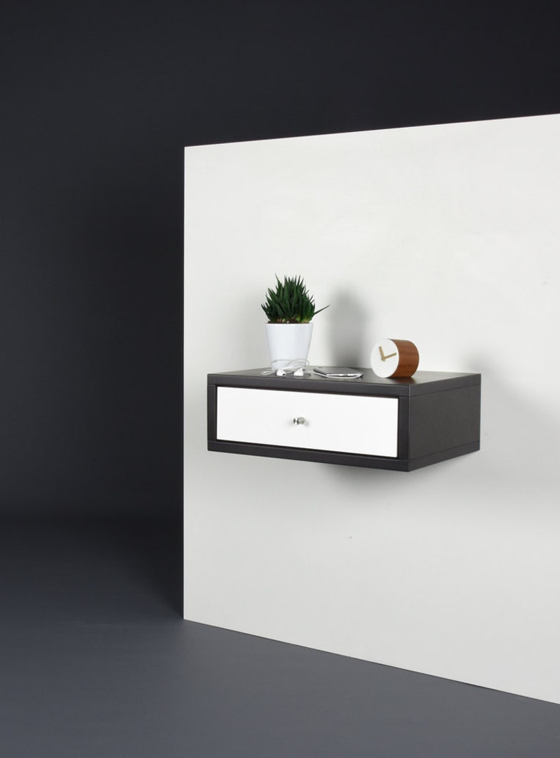 Floating Nightstand with drawer in gray Valcromat and white drawer in Corian image 2