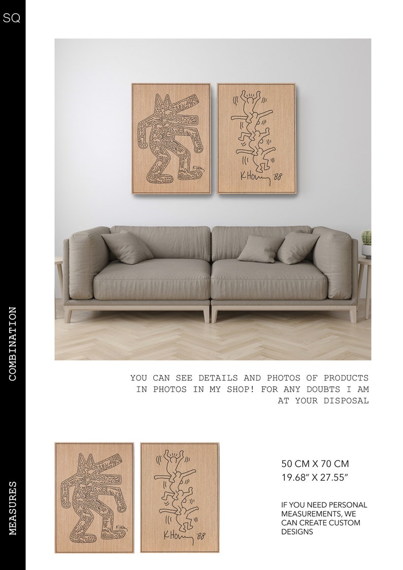 May include: Two wood-mounted prints of black and white line drawings by artist Keith Haring. The prints are framed in a light wood frame. The prints are displayed on a wall above a light brown couch. The prints are 19.68 inches by 27.55 inches and measure 50 cm by 70 cm.
