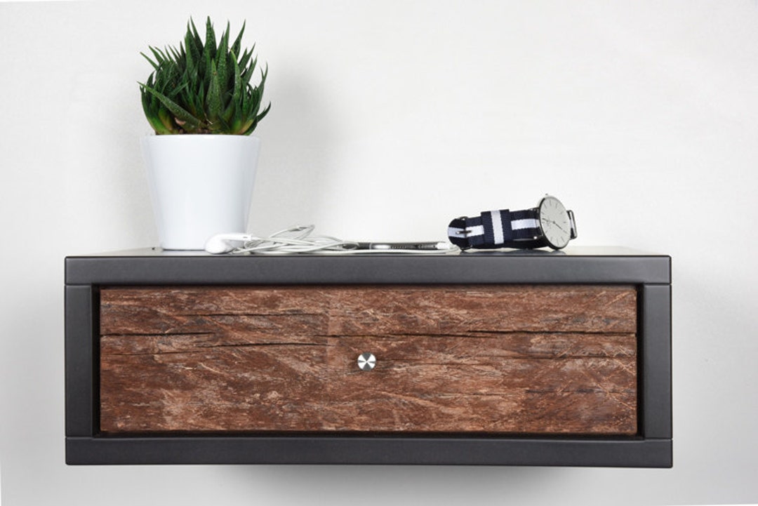 Stone Gray Floating Bedside Table With 1 Drawer in Old Wood / Modern
