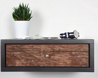 Table de chevet suspendue en gris pierre et bois antique avec 1 tiroir blumotion / Console flottante moderne style milieu de siècle