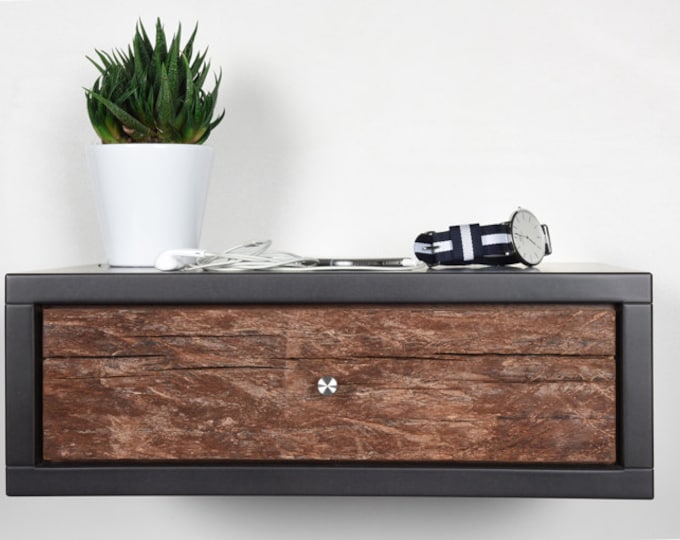 stone gray floating bedside table with 1 drawer in old wood / Modern floating console in mid-century style