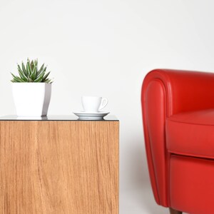 May include: A wooden end table with a glass top, a white ceramic planter with a green succulent plant, and a white ceramic cup and saucer on the glass top. A red armchair is in the background.
