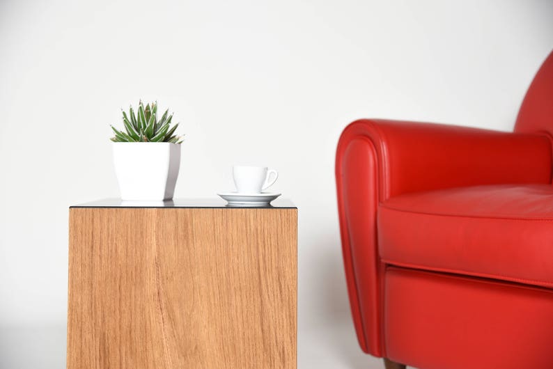 May include: A wooden end table with a glass top, a white ceramic planter with a green succulent plant, and a white ceramic cup and saucer on the glass top. A red armchair is in the background.