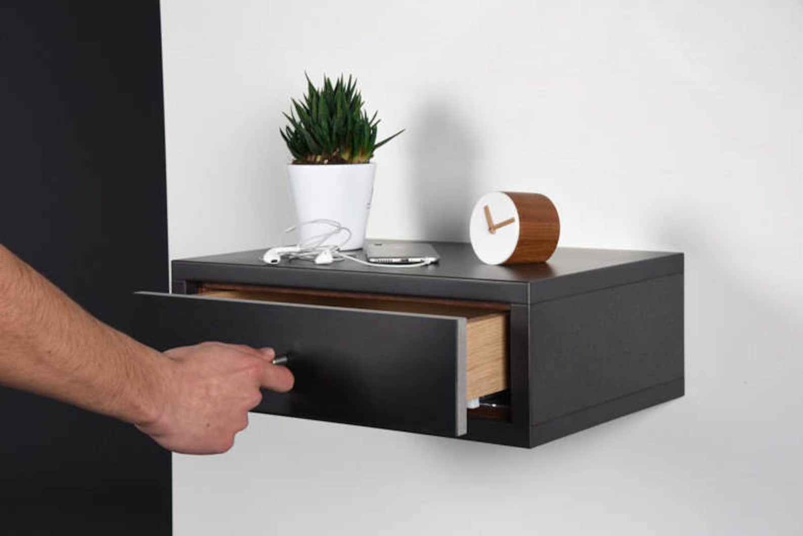 Black Floating Bedside Table With 1 Drawer / Modern Hall Console Etsy