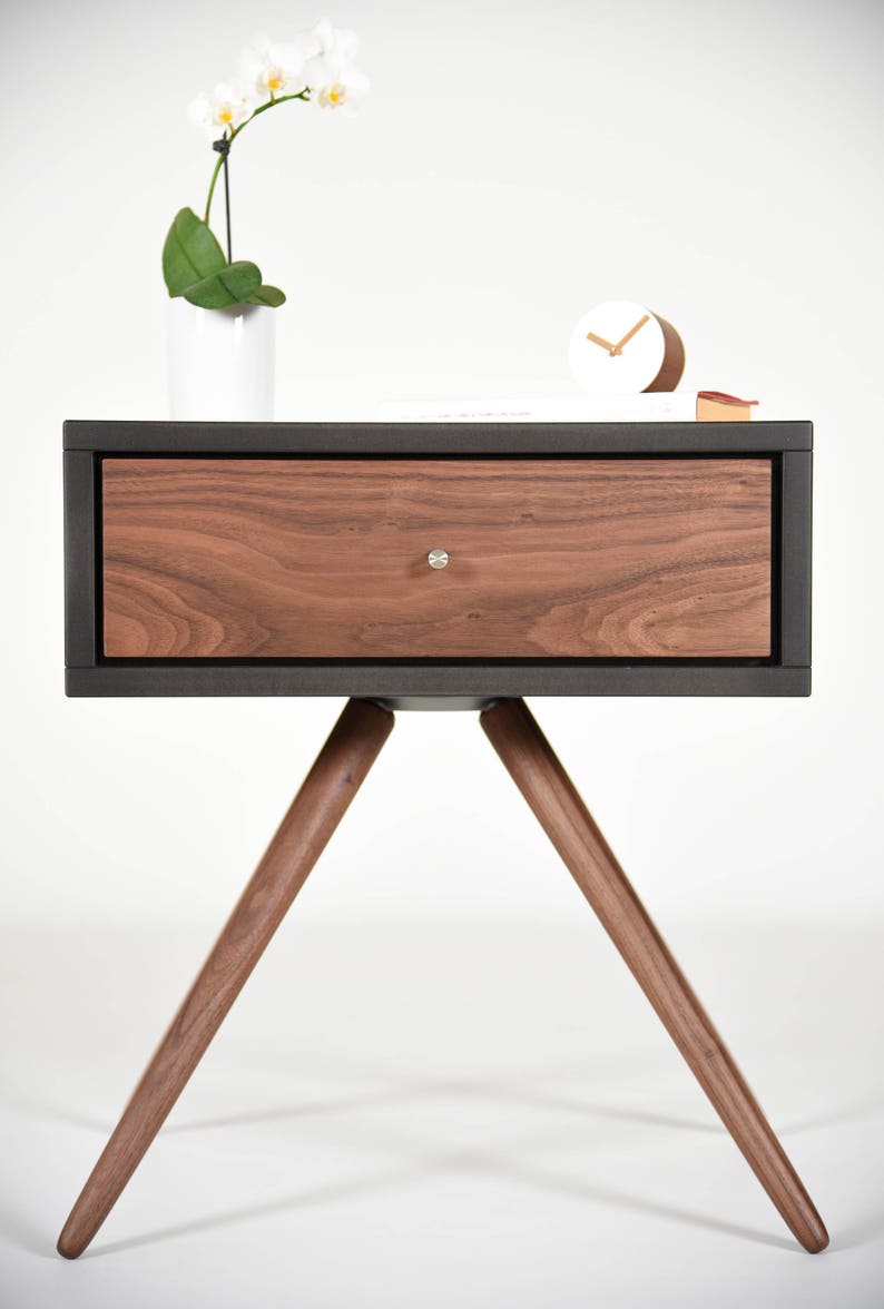Modern Nightstand with one Drawer in solid Walnut and gray stone Valcromat image 7
