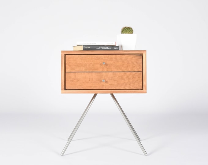Modern Nightstand / Mid Century bedside table with double Drawers in solid antique wood wine barrels