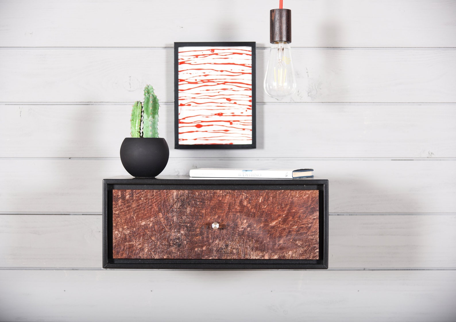 Black Floating Nightstand With Drawer in Old Wood Etsy