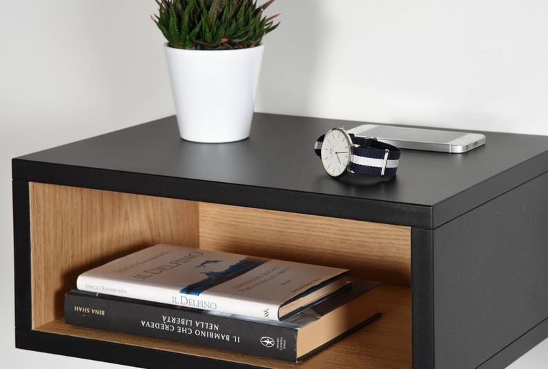 Open floating bedside table in black and oak image 8