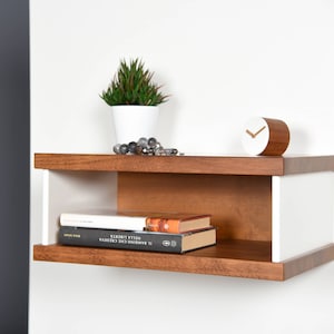 Modern Floating bedside table in Iroko and Corian / Entryway suspended Mid-Century