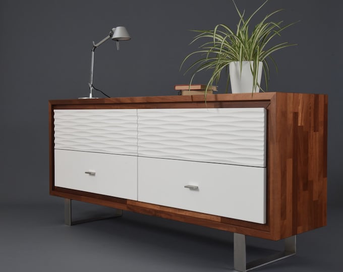 Cupboard / Iroko solid wood sideboard with 4 large white decorated drawers and steel legs / Sideboard handmade in Italy
