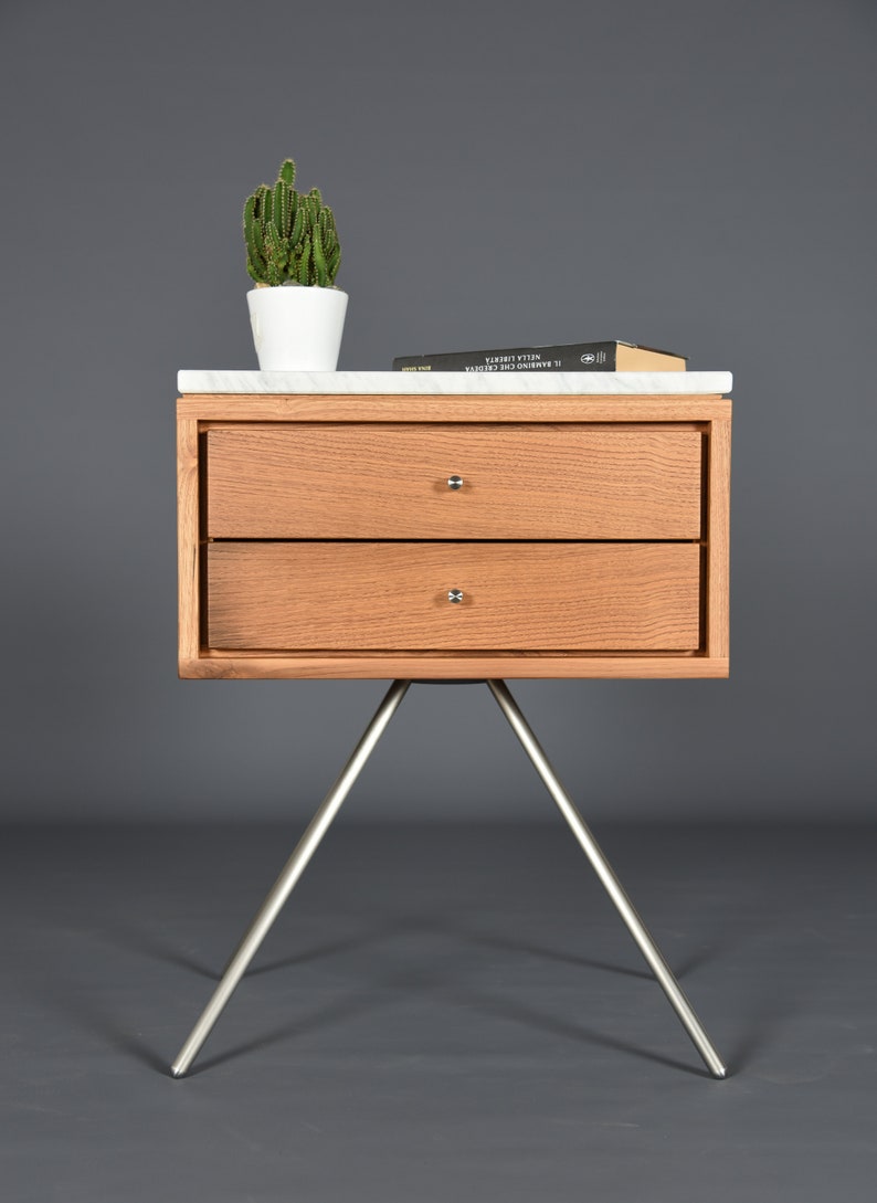 Mid Century Nightstand with two Drawer in old wood and Carrara marble top / Handmade bedroom furniture image 1