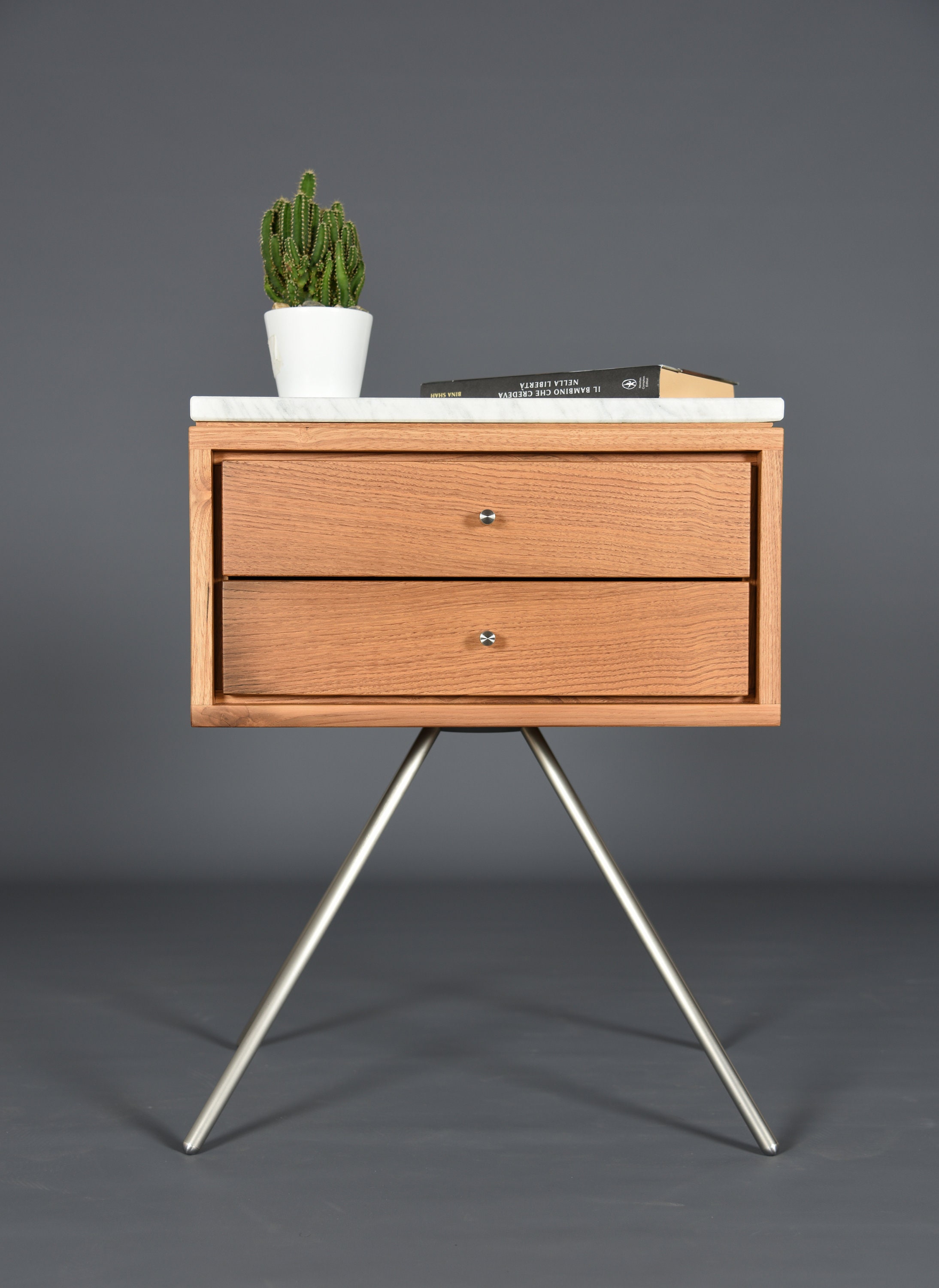 Mid Century Nightstand With Two Drawer In Old Wood And Carrara