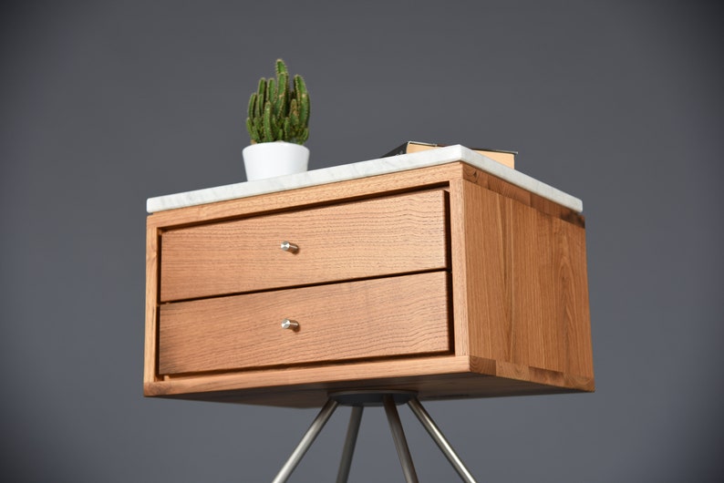 Mid Century Nightstand with two Drawer in old wood and Carrara marble top / Handmade bedroom furniture image 2