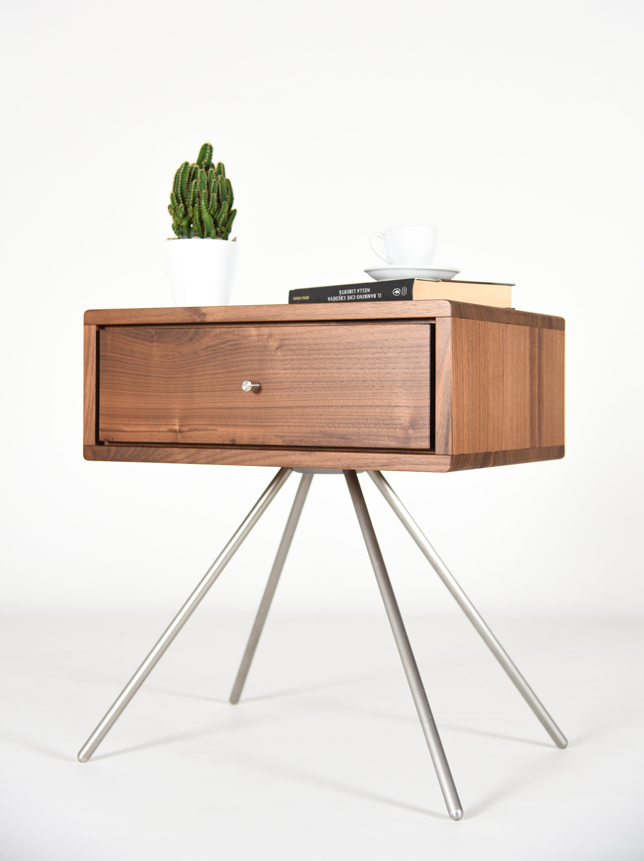 Mid Century Bedside Table In Solid Walnut Wood End 1 Drawer Handmade
