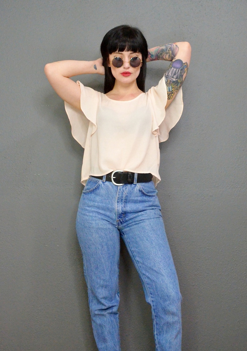 vintage 80s paper thin blouse ruffled cap sleeve dainty romantic top shirt small